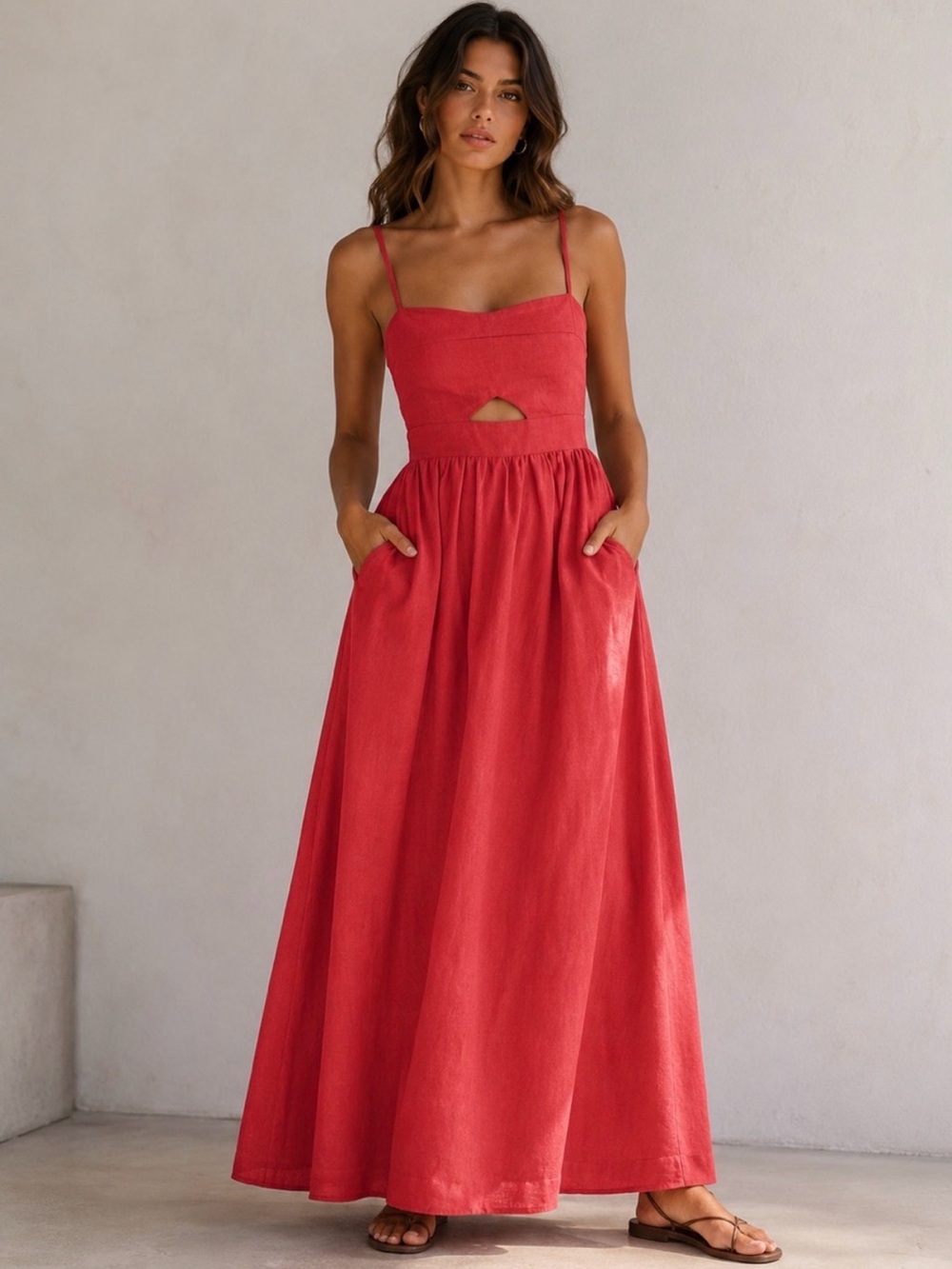 Commense Red Spaghetti Strap Maxi Dress